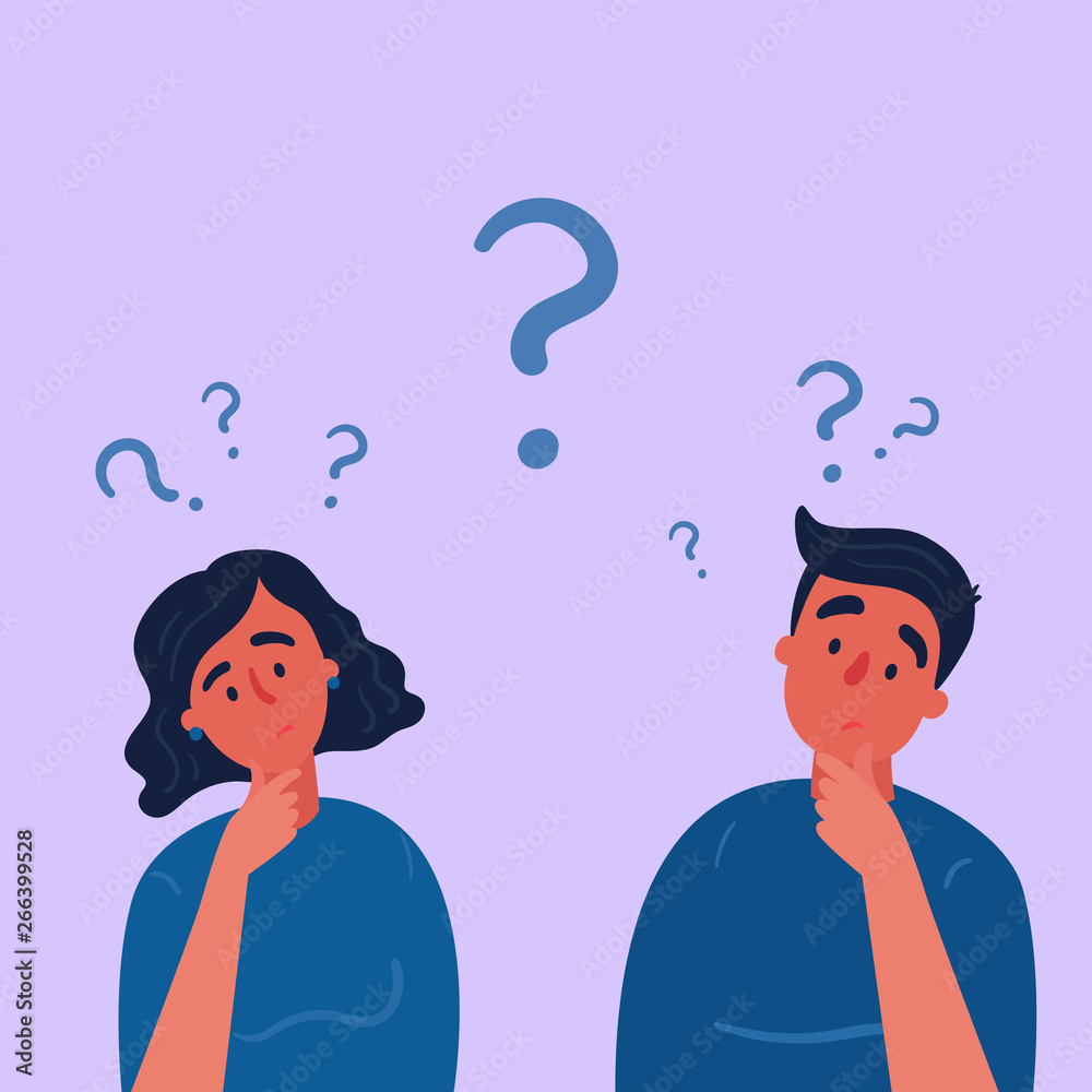 Couple of man and woman having a question. Male and female characters standing in thoughtful pose holding chin and question marks above their head. Quarrel, doubts or interest in relationship. Vector Couple of man and woman having a question. Male and female characters standing in thoughtful pose holding chin and question marks above their head. Quarrel, doubts or interest in relationship. Vector