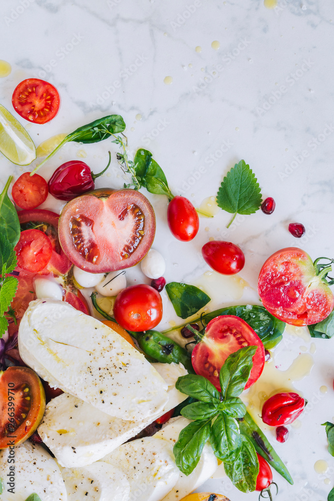 Tomatoes, peppers, spices and mozzarella cheese Tomatoes, peppers, spices and mozzarella cheese