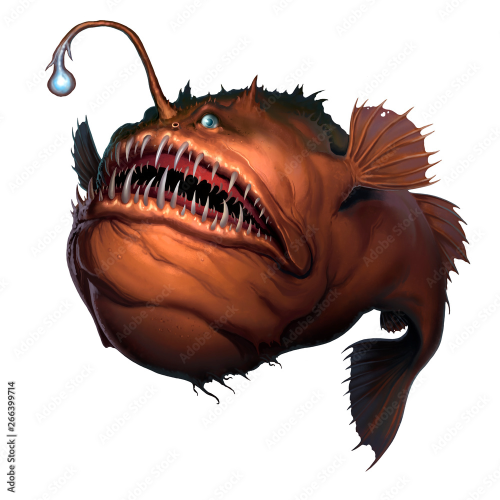 Angler fish on white background realistic illustration isolate. Scary  deep-sea fish predator. Stock Illustration