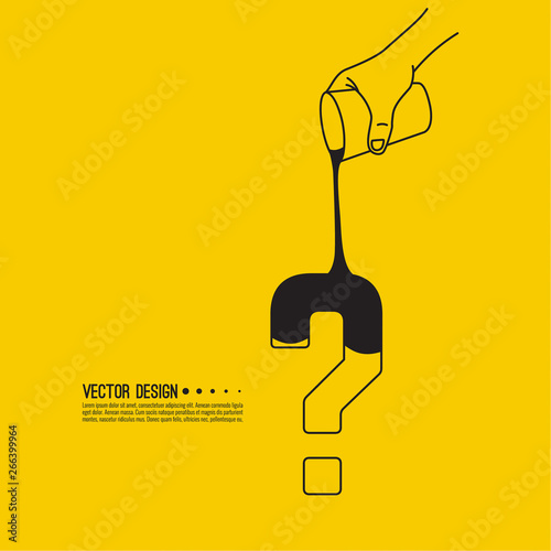 Hand drawn holding a glass and pouring dark liquid on the question mark. Vector illustration.