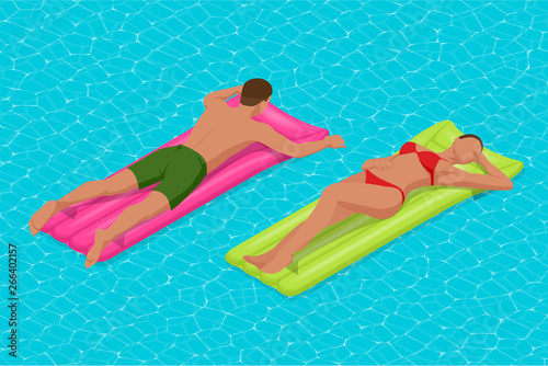 Inflatable ring and mattress. Young man nad woman on air mattress in the big swimming pool. Summer holiday idyllic. Enjoying suntan. Vacation concept. High view from above.