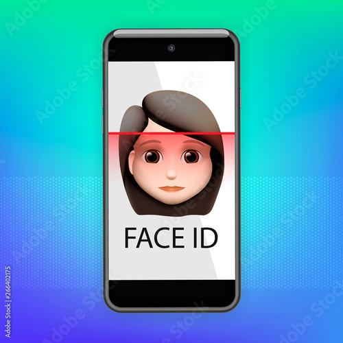 Facial recognition concept. Face ID, face recognition system. Smartphone with human head and scanning app on screen. Modern application. Vector illustration. photo