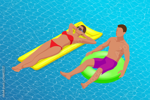 Inflatable ring and mattress. Young man nad woman on air mattress in the big swimming pool. Summer holiday idyllic. Enjoying suntan. Vacation concept. High view from above.