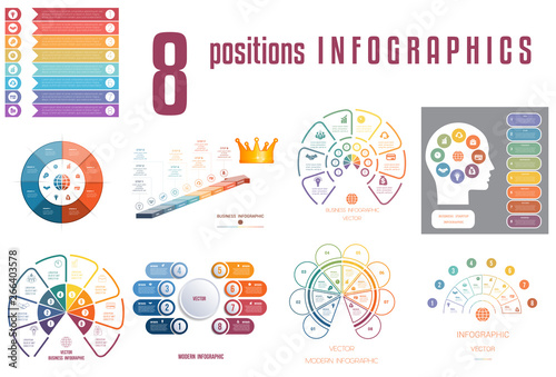 Set 9 universal templates elements Infographics conceptual cyclic processes for 8 positions