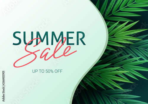 Hello summer, summertime. The text poster against the background of tropical plants. Palm leaves, jungle leaf and handwriting lettering. The poster for sale and an advertizing sign.