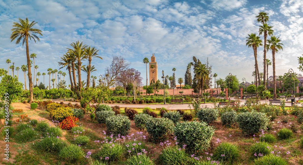 Landscape with garden and Koutoubia Mosque on Marrakesh, Morocco