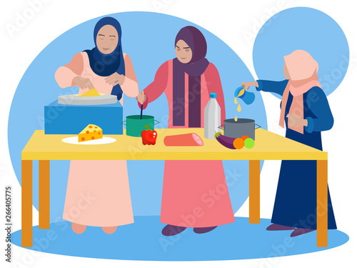 Muslim women are cooking in the kitchen. Teaching daughters national recipes. In minimalist style Cartoon flat Vector