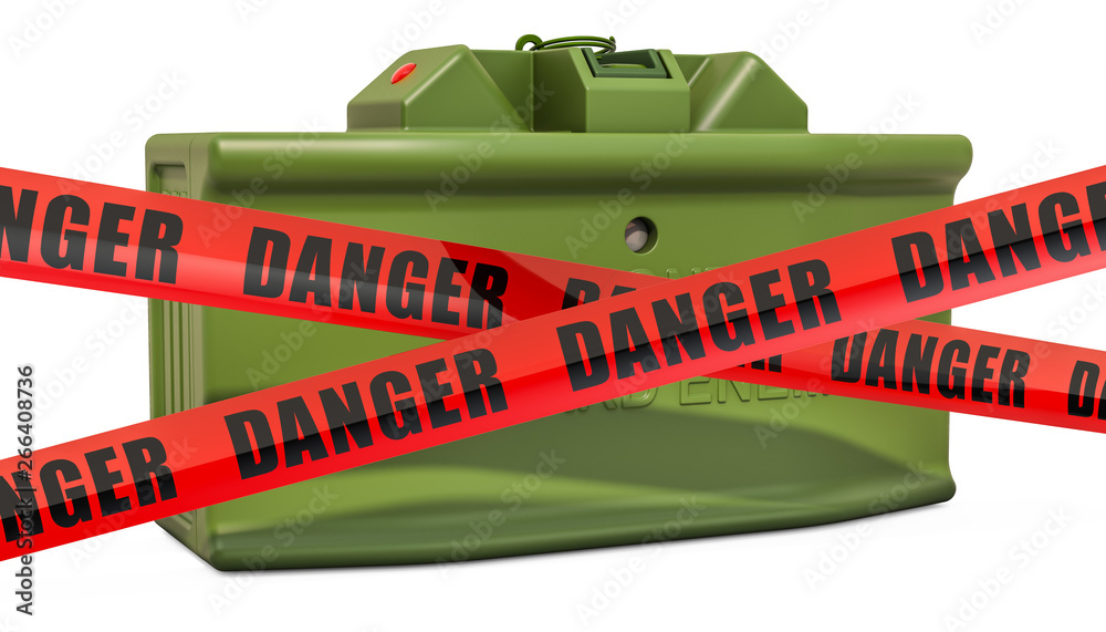 Danger caution barrier tapes with anti-personnel mine, 3D rendering