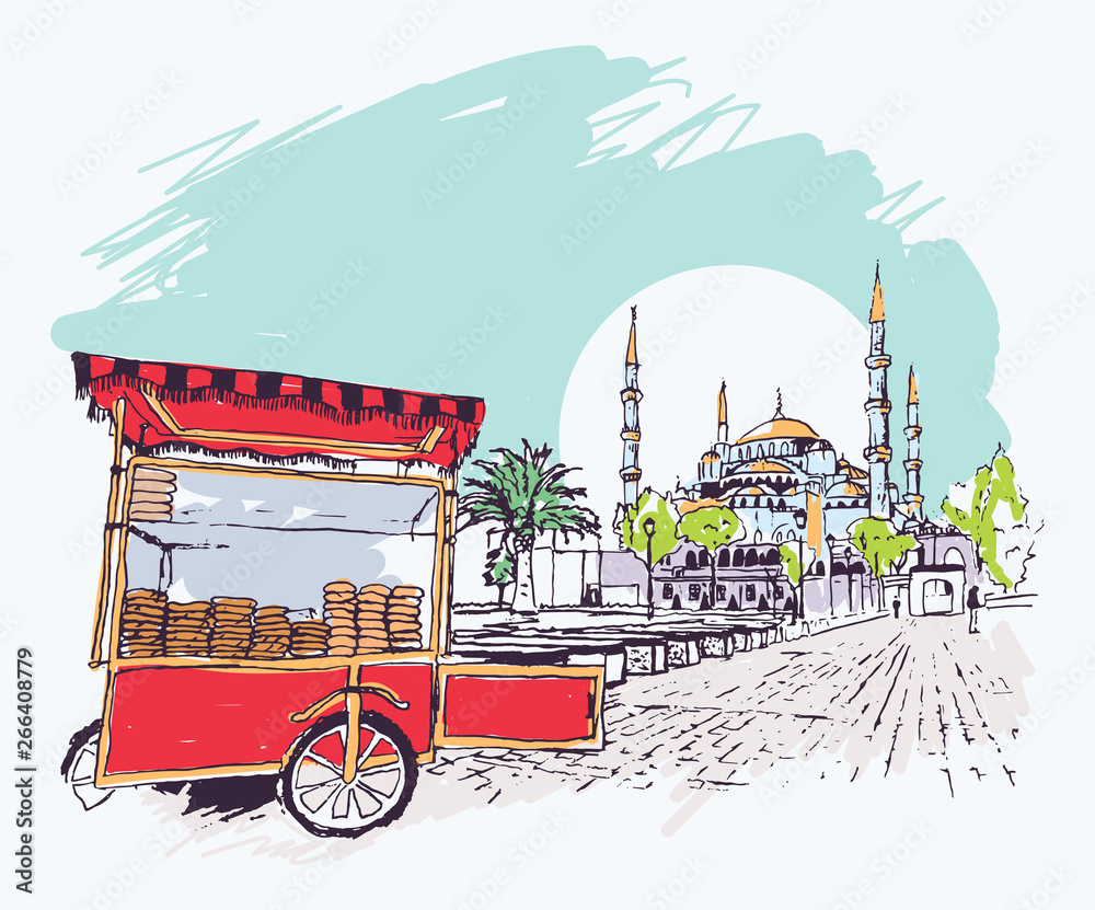 Fototapeta premium Digital illustration of the Blue Mosque and simit vendor cart in Istanbul