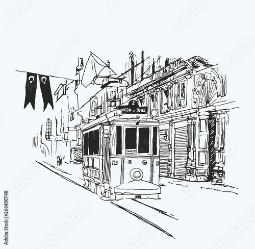 Digital illustration of the nostalgic red tram in Istiklal Avenue, Istanbul