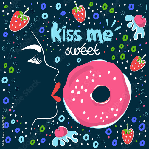 The girl's face outline with scarlet lips and handwritten inscription KISS me SWEET. Original vector illustration