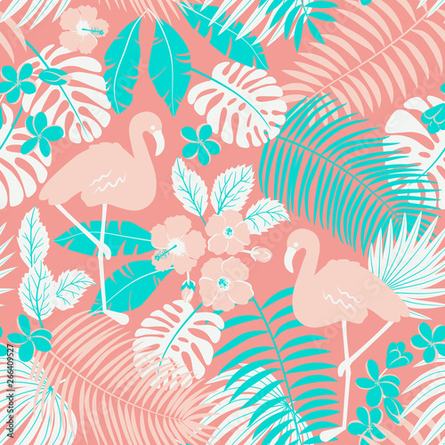 Tropic seamless pattern with flamingo, palms and flowers