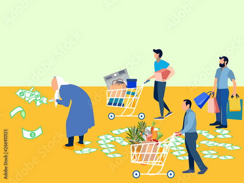 Grandmother Millionaire scatters money. Assistants driven purchases pensioner, electrical, clothing and food. In minimalist style Cartoon flat