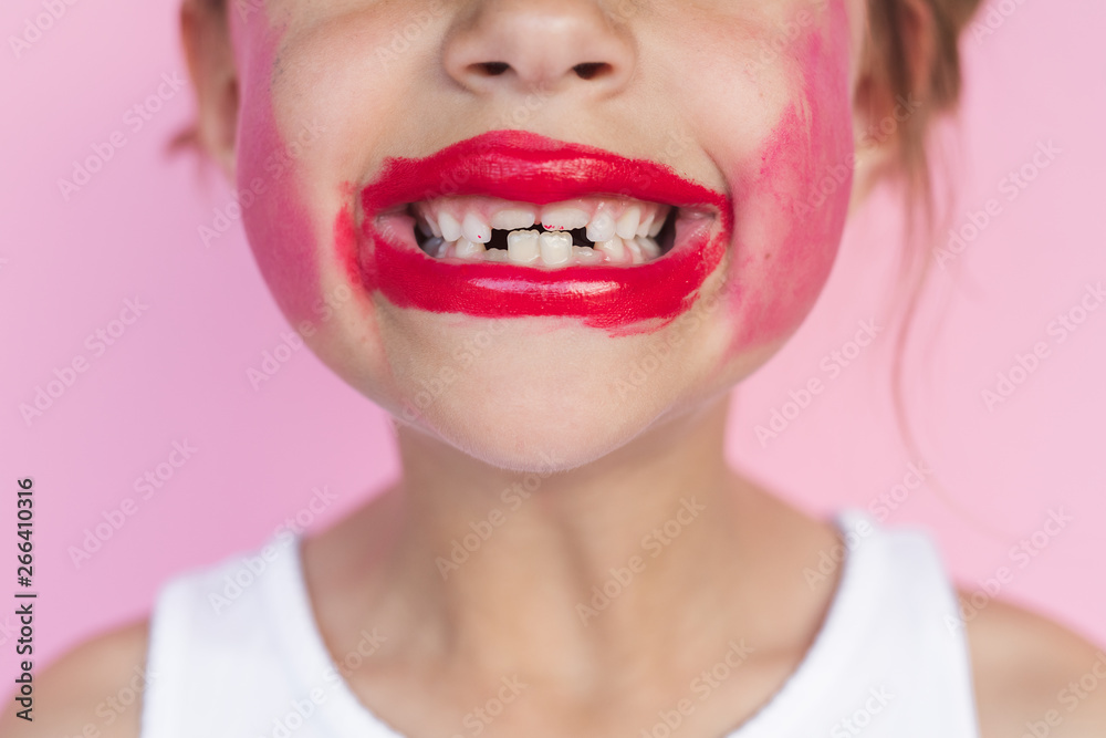 Girl With Lipstick On Her Teeth With A Huge Grin On Her Face Girl With Lipstick On Her Teeth With A Huge Grin On Her Face