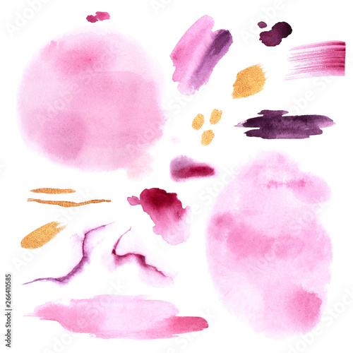 Hand painted watercolor textured brush strokes and washes in pink and gold color isolated on white background.