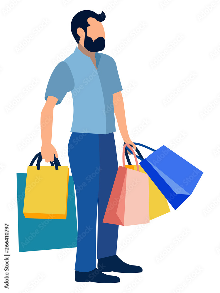 A man carries shopping bags, gifts. In minimalist style Cartoon flat Vector A man carries shopping bags, gifts. In minimalist style Cartoon flat Vector