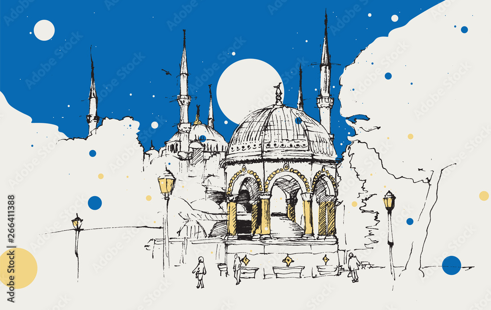 Naklejka premium Drawing sketch illustration of the German Fountain and the Blue Mosque, Istanbul