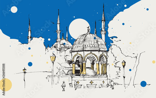 Drawing sketch illustration of the German Fountain and the Blue Mosque, Istanbul
