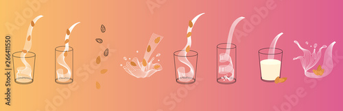 Vector glass of almond milk with nuts