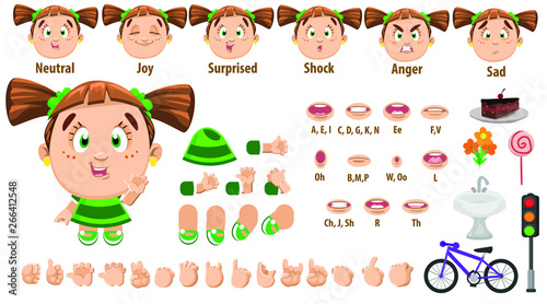 Cartoon girl with pigtails constructor for animation. Parts of body, set of poses.