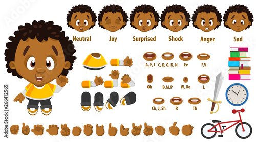 Cartoon afro-american boy constructor for animation. Parts of body, set of poses.