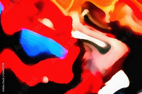 Abstract fluid paint art. Marble effect artwork. Waves pattern in bright warm colors and psychedelic elements. Surreal concept texture.