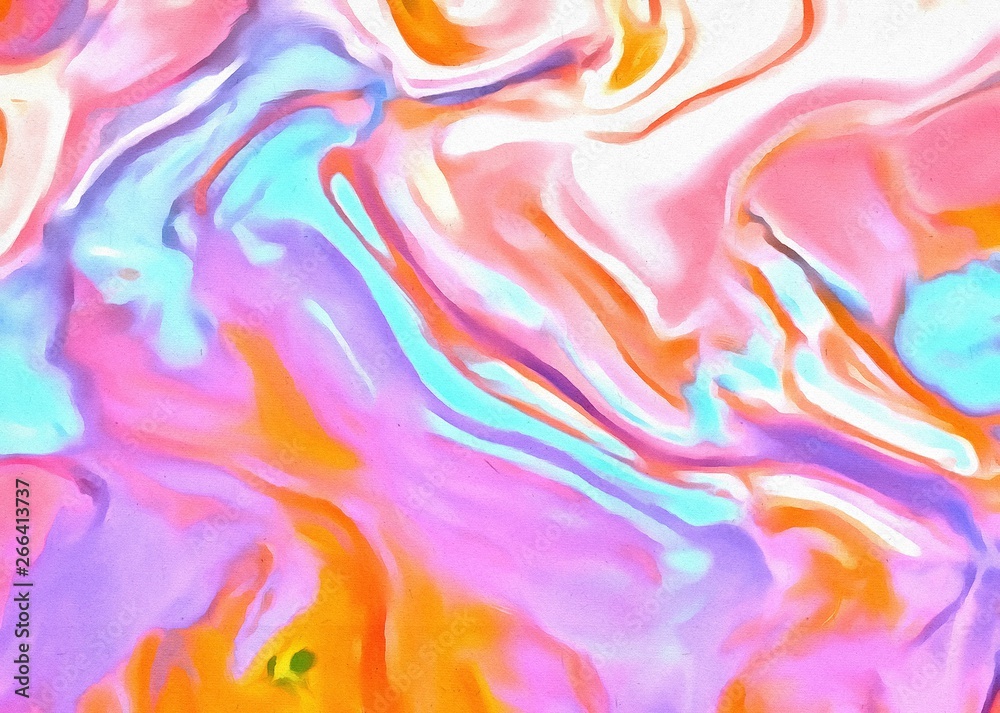 Abstract fluid paint art. Marble effect artwork. Waves pattern in bright warm colors and psychedelic elements. Surreal concept texture.