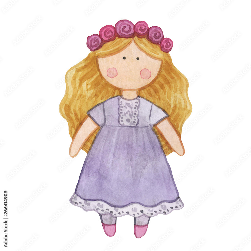 Original watercolor doll. Picture with cartoon girls. Nice illustration for for book, stickers,logo, business card or postcard.