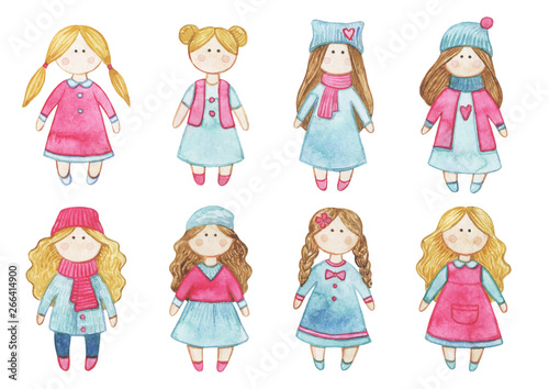 Original watercolor doll. Set with the cartoon girls. A good illustration for a book, a sticker, a logo, a business card or a postcard. Doll, handmade, handmade, children's doll, interior doll, sewing