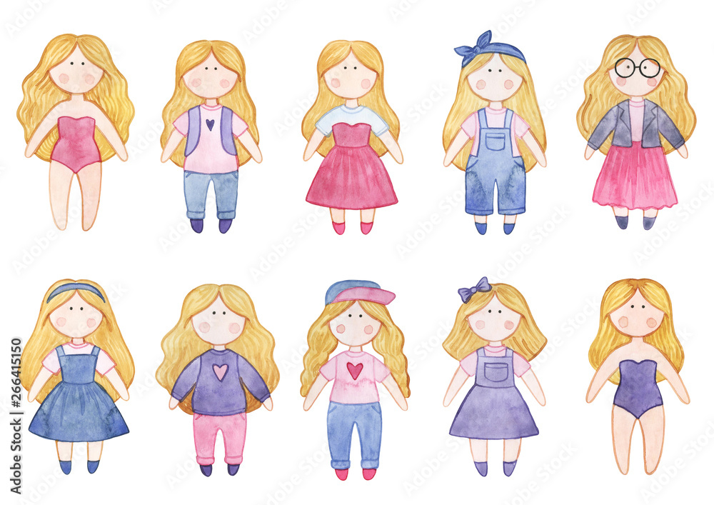 Original watercolor doll. Picture with cartoon girls. Nice illustration for for book, stickers,logo, business card or postcard.