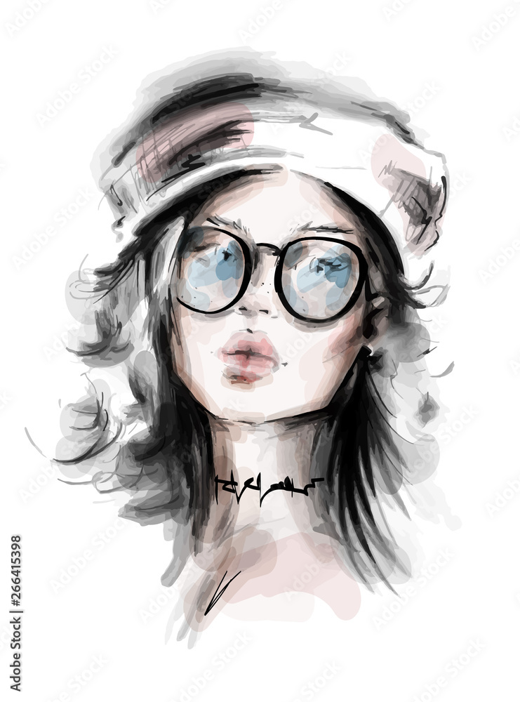 Hand drawn beautiful young woman in beret. Stylish girl in eyeglasses. Fashion woman look. Sketch. Vector illustration. Hand drawn beautiful young woman in beret. Stylish girl in eyeglasses. Fashion woman look. Sketch. Vector illustration.