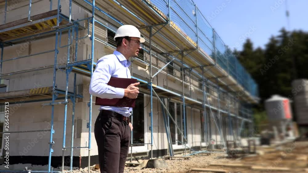 Architect inspects construction outside talking on the phone Architect inspects construction outside talking on the phone