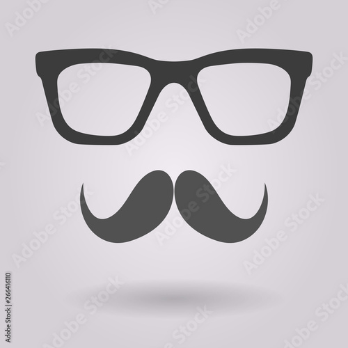 Nerd glasses and mustaches.Dark grey isolated illustration on grey background
