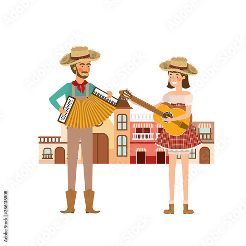 couple farmers with background houses