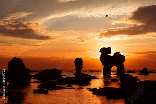 The famous limestone rocks (rauklar) at the coast of the swedish island Faroe in the Baltic Sea. The rock right of the middle looks like a camel and is known as 