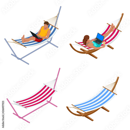 Isometric Garden hammock. Relaxing in the hammock in the summer garden