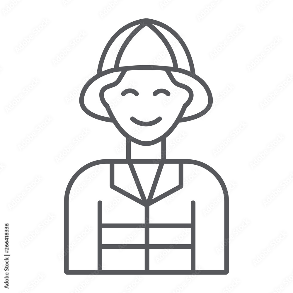 Firefighter thin line icon, fire and person, fireman sign, vector graphics, a linear pattern on a white background. Firefighter thin line icon, fire and person, fireman sign, vector graphics, a linear pattern on a white background.