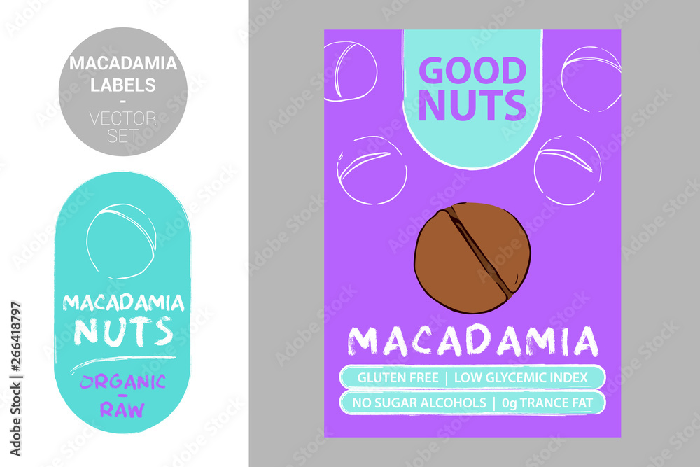 Macadamia nuts colorful labels. Cartoon hand drawn nuts. Nut product Badge with text gluten