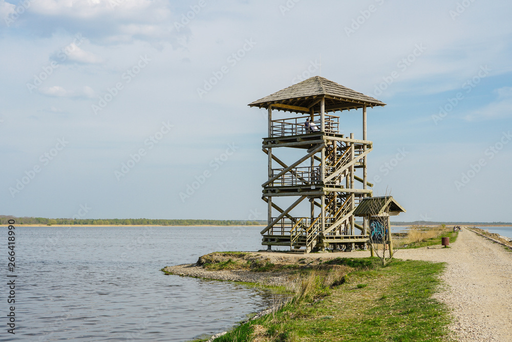 wooden bird observation tower in the Liepaja lake