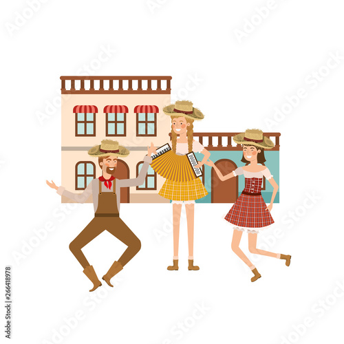 group of people farmers dancing with background houses