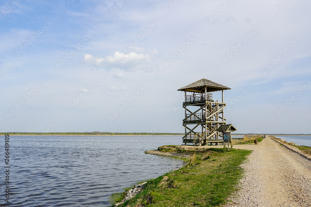 wooden bird observation tower in the Liepaja lake