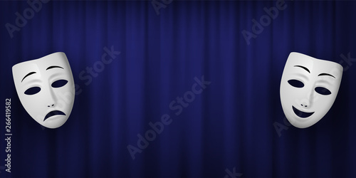 Comedy and Tragedy theatrical mask isolated on a blue curtain background. Vector horizontal illustration.