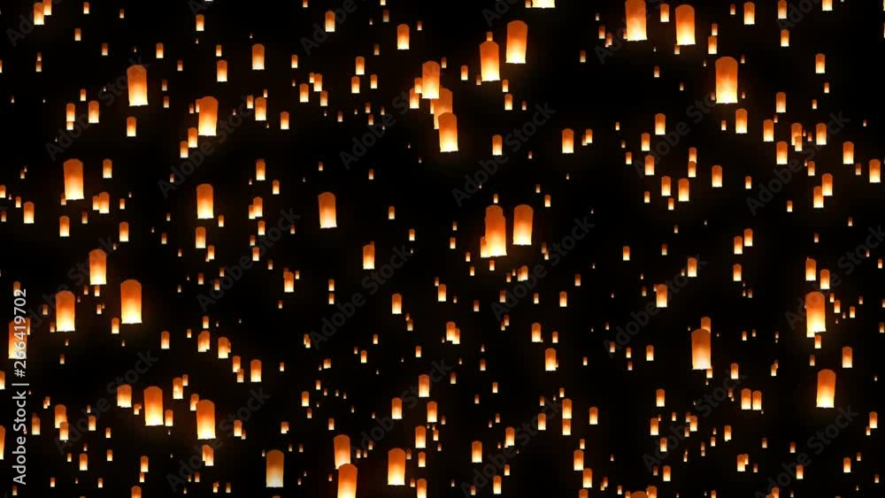 Many flying sky lanterns rising up in the night sky during festival. 3-D Seamless looping animation.