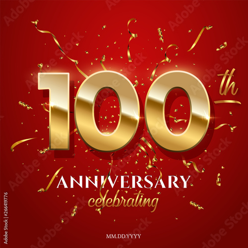 100 golden numbers and Anniversary Celebrating text with golden serpentine and confetti on red background. Vector hundredth anniversary celebration event square template.