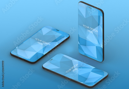 3 Smartphones on Blue Background Mockup