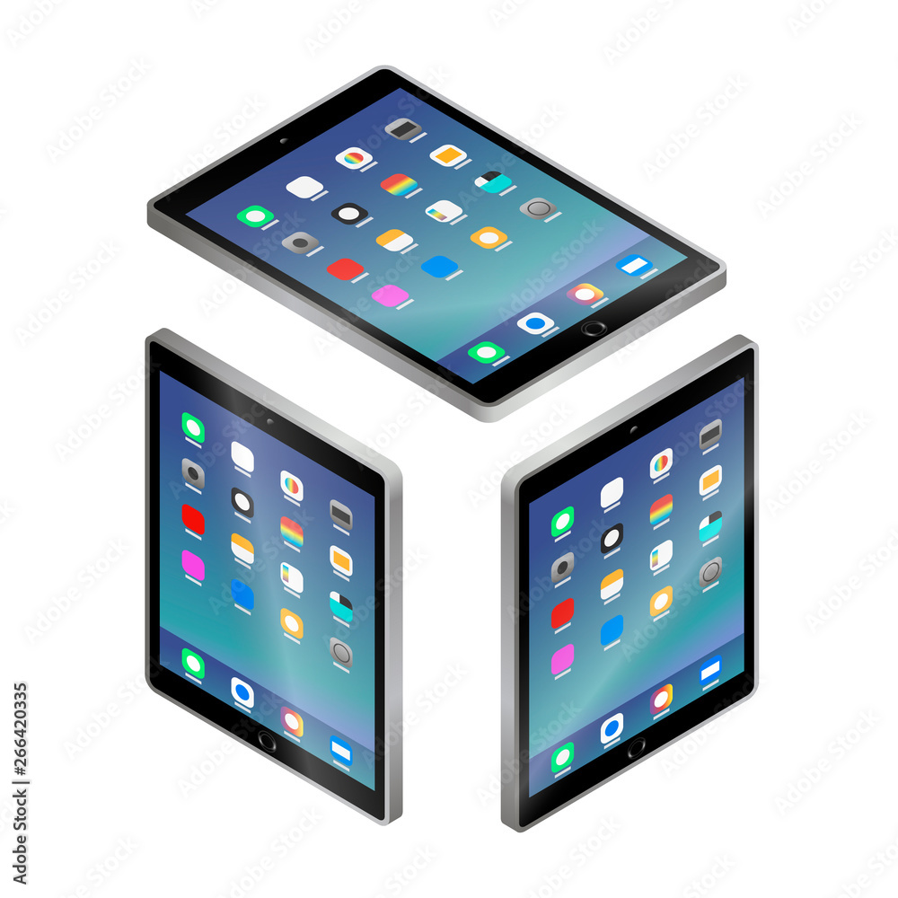 Flat isometric Gray Tablet pc computer with UI icons. Business device. Modern technologies of communication and management. Touchscreen display. Vector illustration