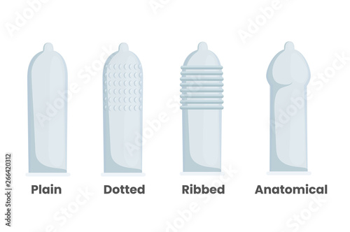 Types of male condoms. Vector illustration of the plain ribbed, dotted and anatomical condoms