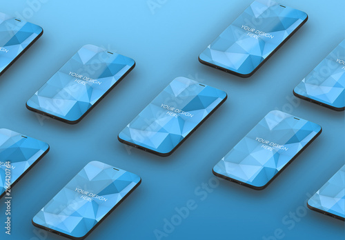 9 Smartphones on Blue Background Mockup