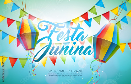 Festa Junina Illustration with Party Flags and Paper Lantern on Blue Background. Vector Brazil June Festival Design for Greeting Card, Invitation or Holiday Poster.