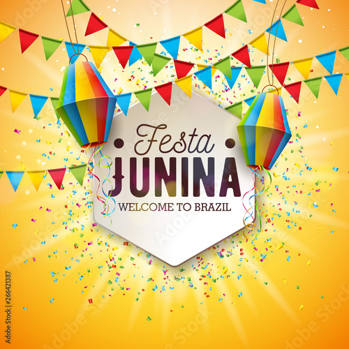 Festa Junina Illustration with Party Flags and Paper Lantern on Yellow Background. Vector Brazil June Festival Design for Greeting Card, Invitation or Holiday Poster.